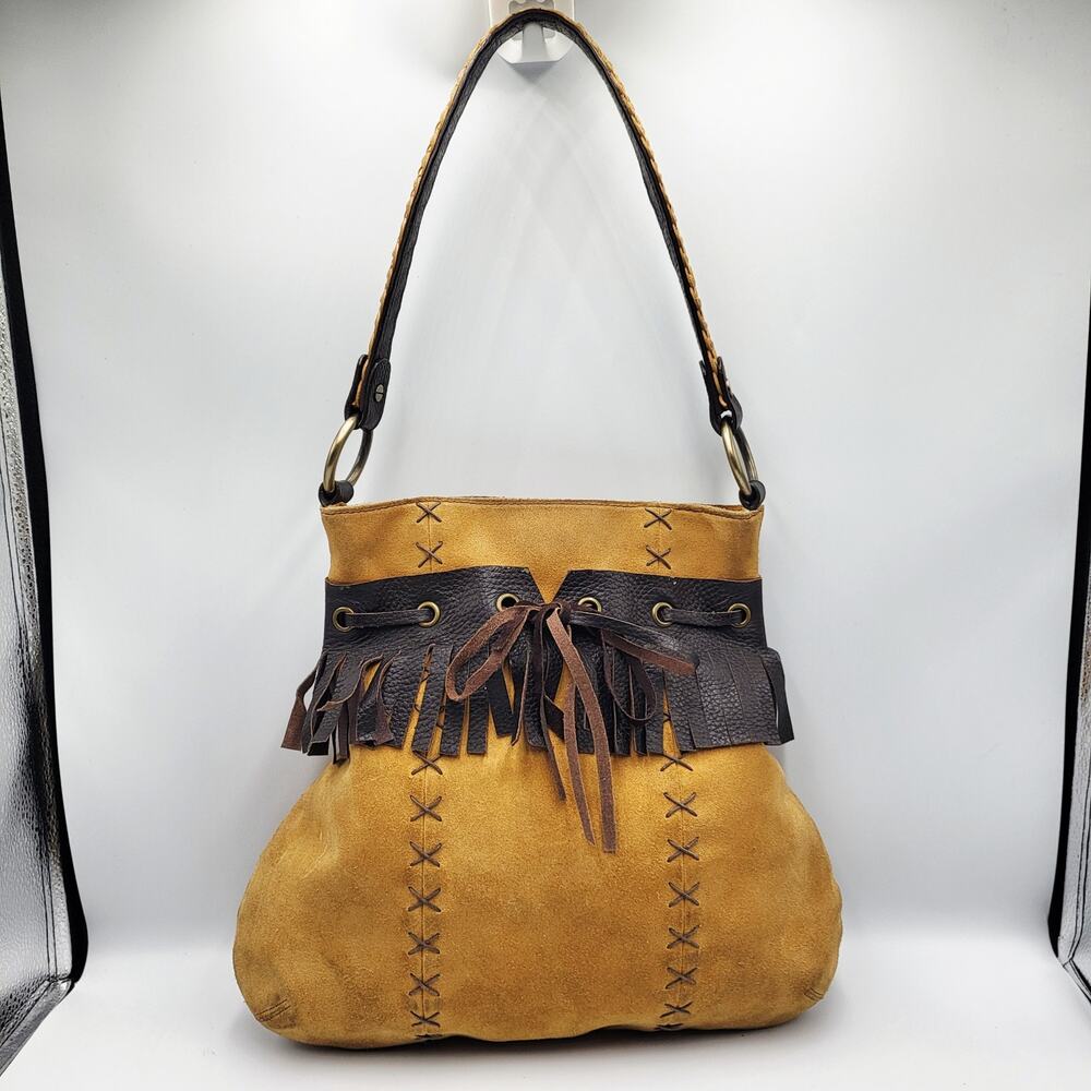 Vintage Inge Sport Boho Yellow Tan Suede Stitched Fringe Accent Shoulder Bag - Picture 12 of 12